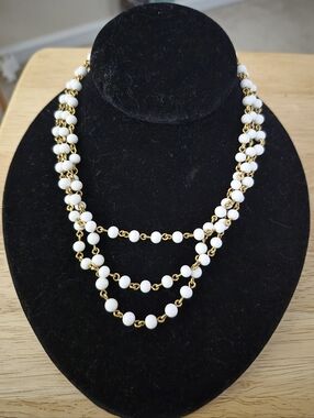 Vintage Monet Gold Tone Milk Glass Multi Strand Statement Necklace.This Vintage